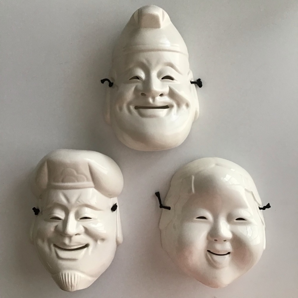 Pier One SET OF 3 White Ceramic Wall Art Masks Japanese Daikoku & Enosis Vintage